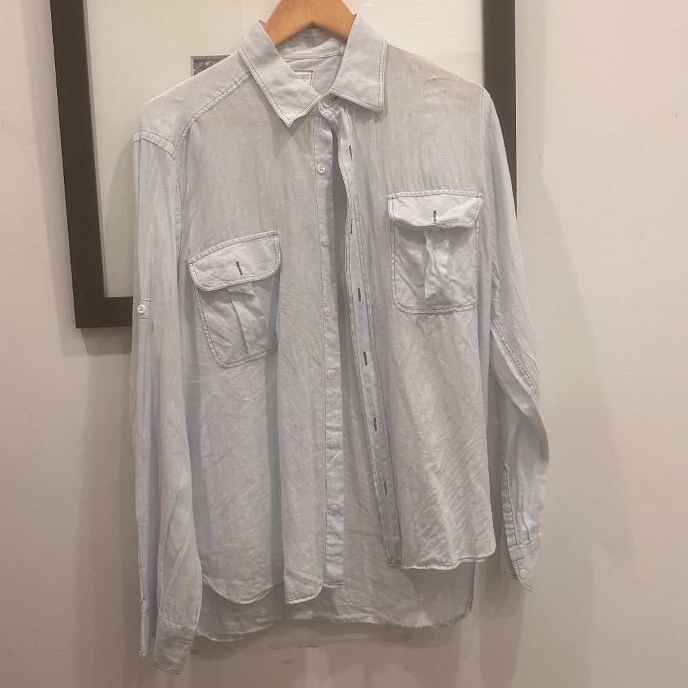 Billy Reid Linen Shirt, medium. blue.